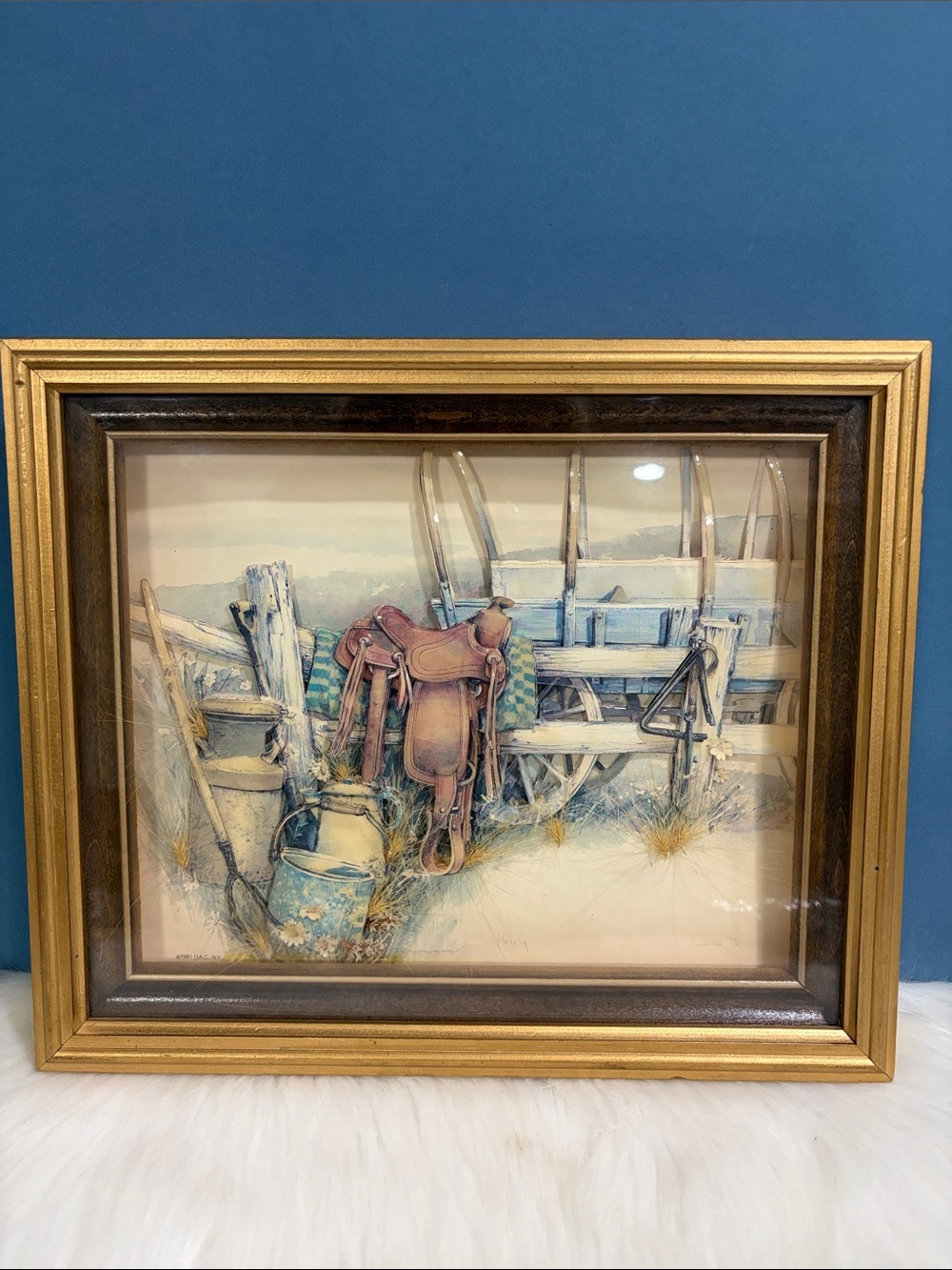 Vintage Western Saddle Tole Art Print in Brown and Blue - Framed Home Decor
